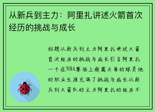 从新兵到主力：阿里扎讲述火箭首次经历的挑战与成长