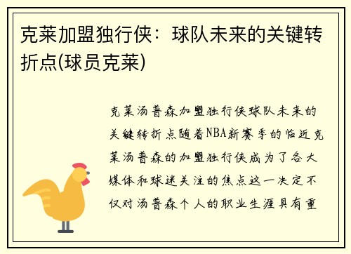 克莱加盟独行侠：球队未来的关键转折点(球员克莱)