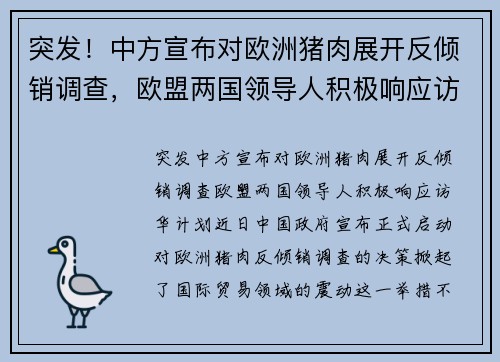 突发！中方宣布对欧洲猪肉展开反倾销调查，欧盟两国领导人积极响应访华计划
