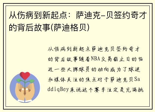 从伤病到新起点：萨迪克-贝签约奇才的背后故事(萨迪格贝)