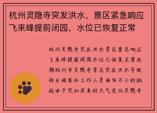 杭州灵隐寺突发洪水，景区紧急响应飞来峰提前闭园，水位已恢复正常