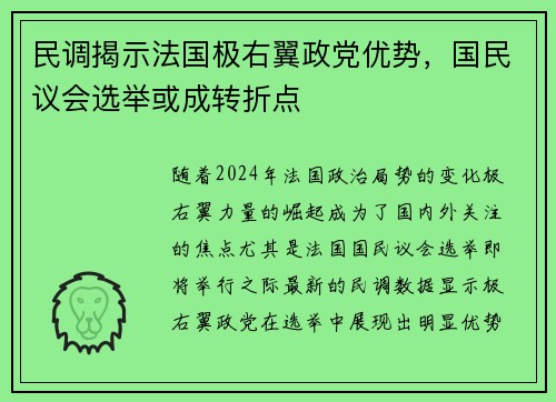 民调揭示法国极右翼政党优势，国民议会选举或成转折点