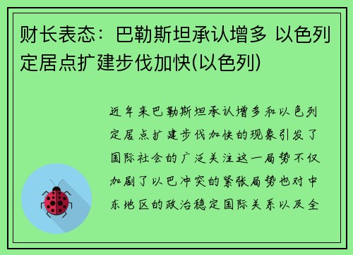 财长表态：巴勒斯坦承认增多 以色列定居点扩建步伐加快(以色列)