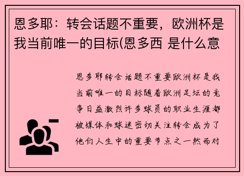 恩多耶：转会话题不重要，欧洲杯是我当前唯一的目标(恩多西 是什么意思)