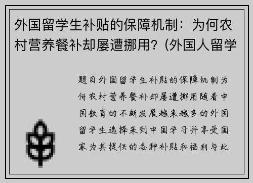 外国留学生补贴的保障机制：为何农村营养餐补却屡遭挪用？(外国人留学补助)