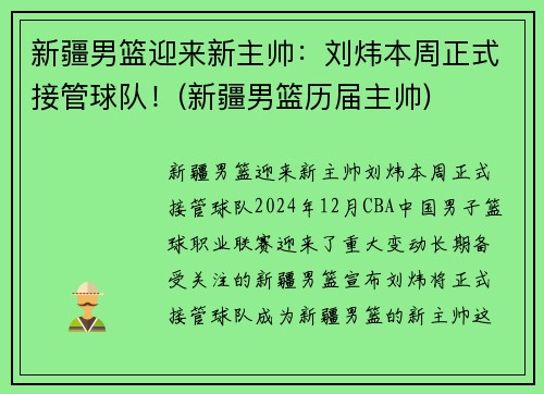 新疆男篮迎来新主帅：刘炜本周正式接管球队！(新疆男篮历届主帅)