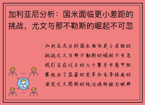 加利亚尼分析：国米面临更小差距的挑战，尤文与那不勒斯的崛起不可忽视
