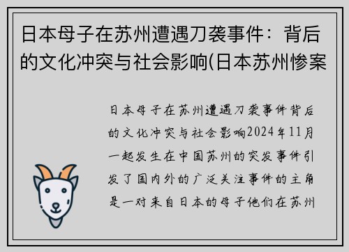 日本母子在苏州遭遇刀袭事件：背后的文化冲突与社会影响(日本苏州惨案)