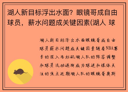 湖人新目标浮出水面？眼镜哥成自由球员，薪水问题成关键因素(湖人 球哥)