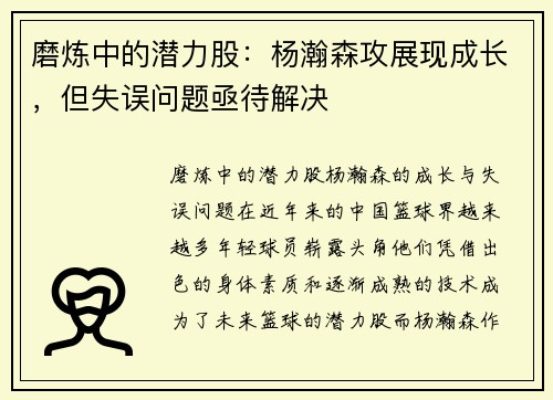 磨炼中的潜力股：杨瀚森攻展现成长，但失误问题亟待解决